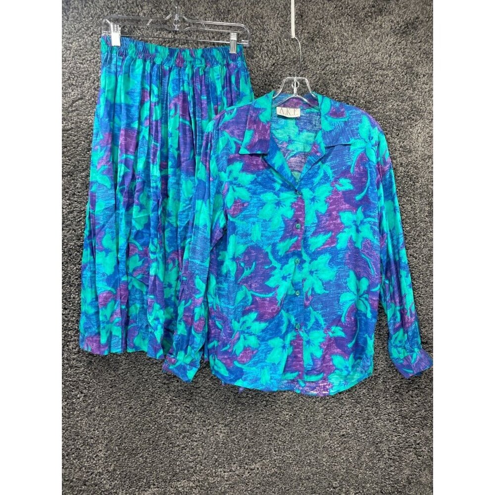 Vintage 80s AKF New York 2 Piece Flare Skirt & Top Set Womens Large Multi Floral